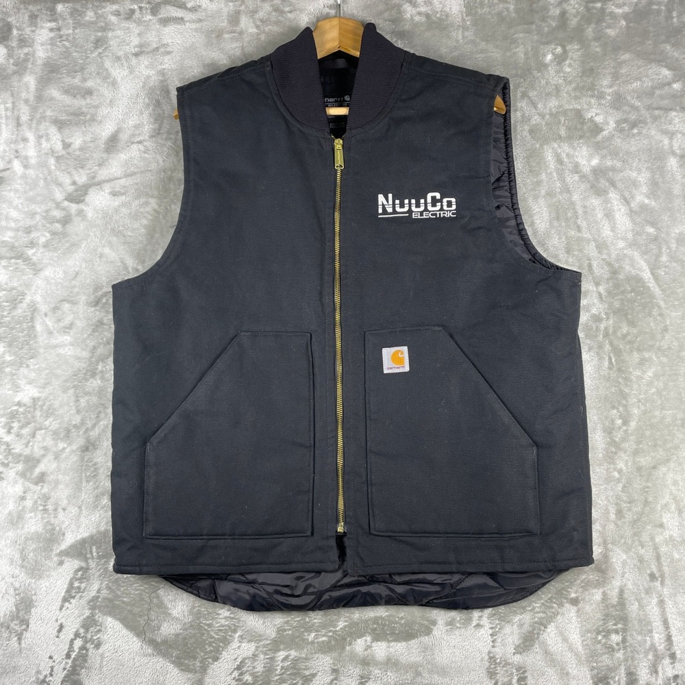 Carhartt Duck Vest Men L Black Relaxed Fit Quilt Lined V01-BLK Company Logo